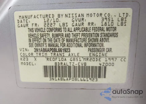 2011 Nissan Sentra 2.0S z USA, uszkodzony, nr VIN 3N1AB6AP0BL661923